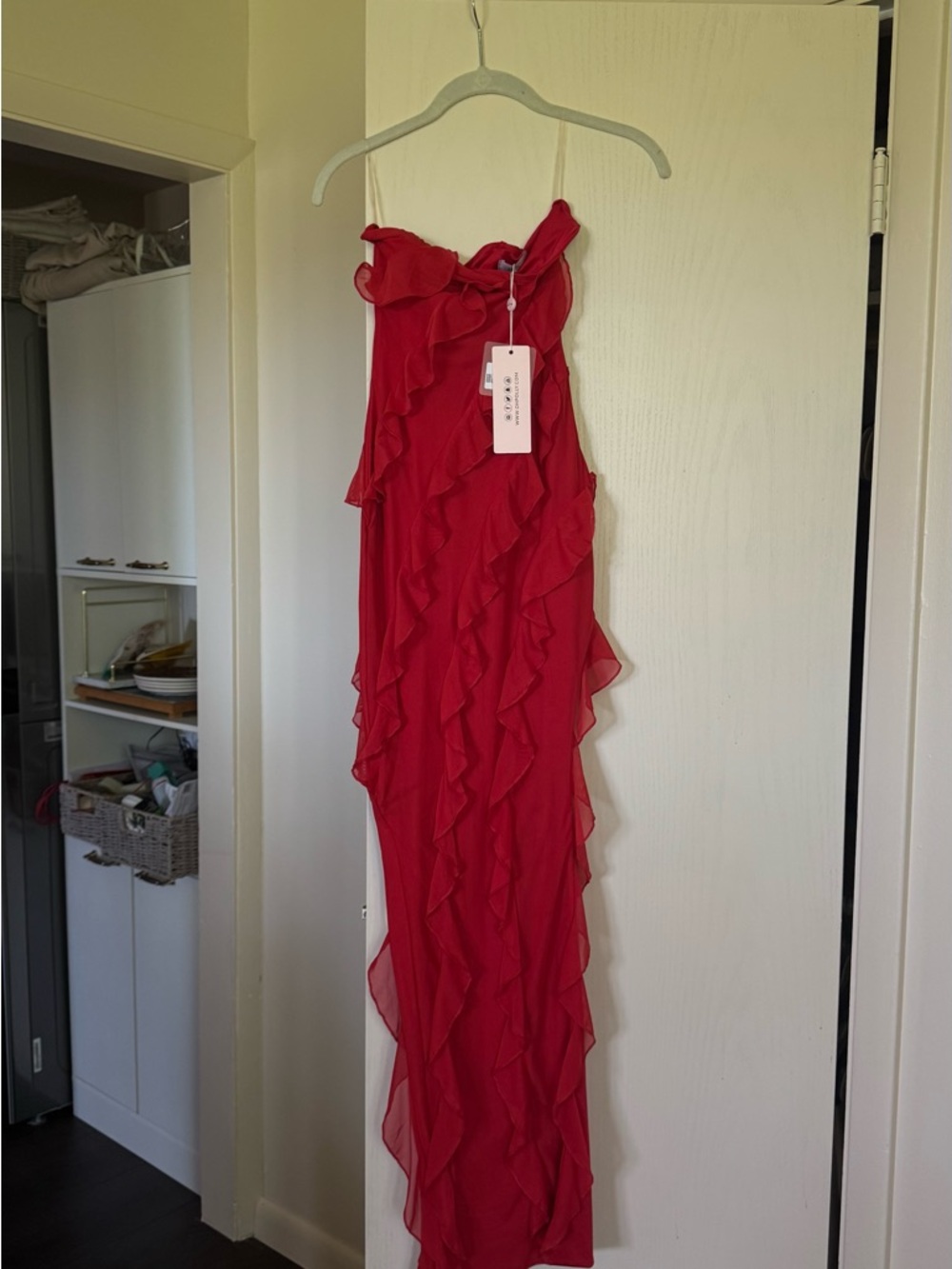 Oh Polly Red One-Shoulder Ruffle Asymmetric Maxi Dress - Picture 2 of 3